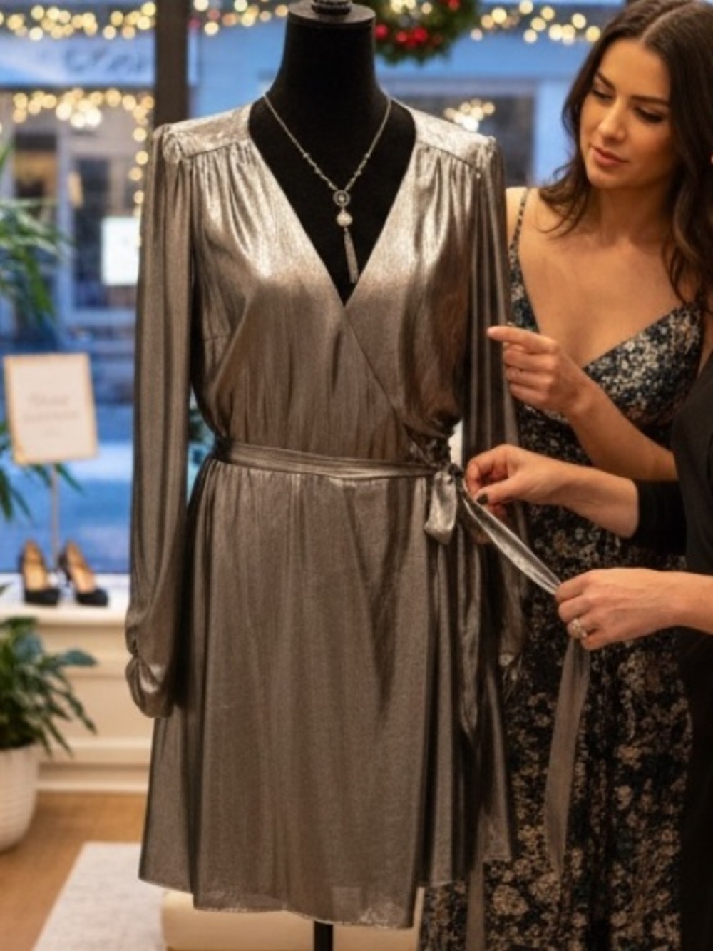 Gianni Bini Metallic Silver Long Sleeve Wrap Dress